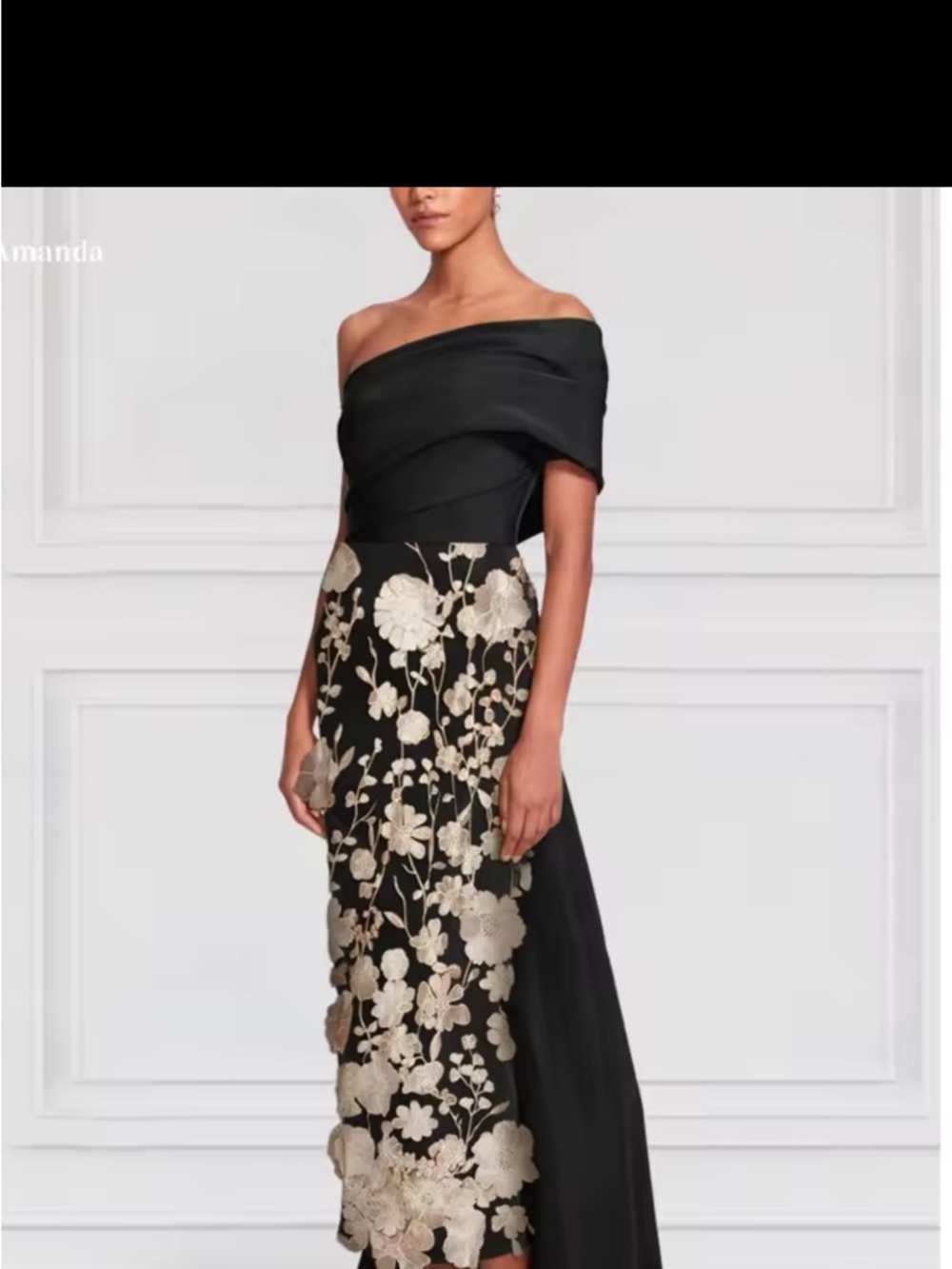 Off-Shoulder Black Dress with Gold Floral Embroidery